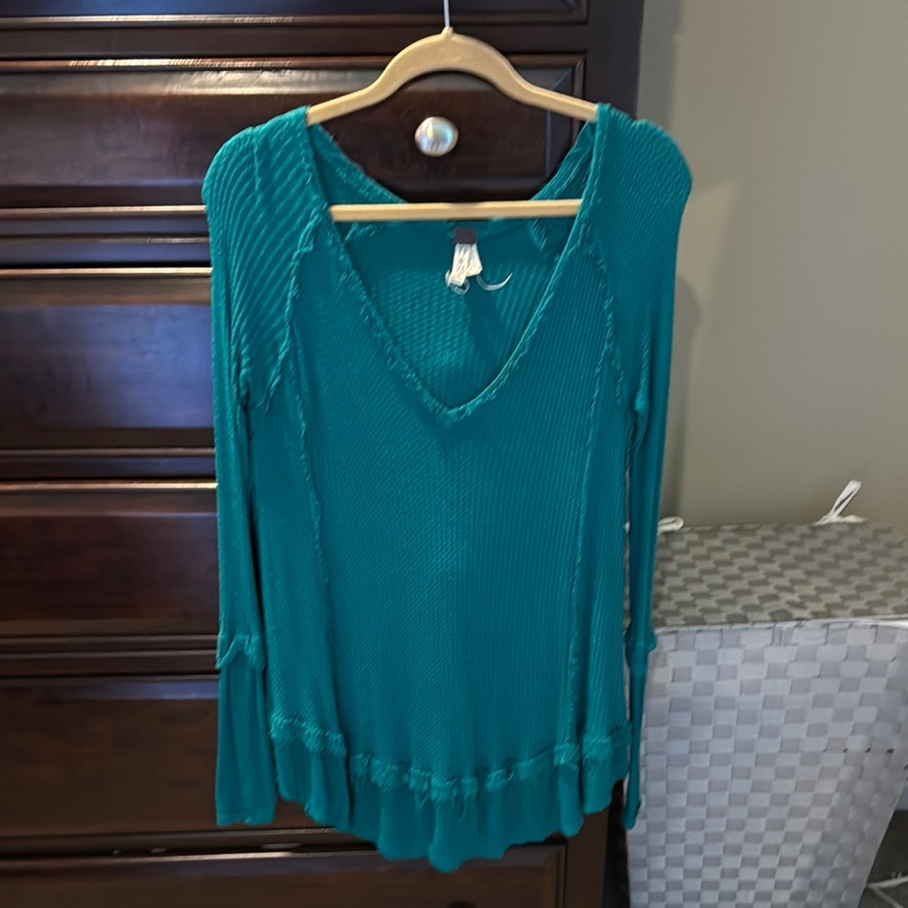 Teal V-Neck Free People Long Sleeve Top